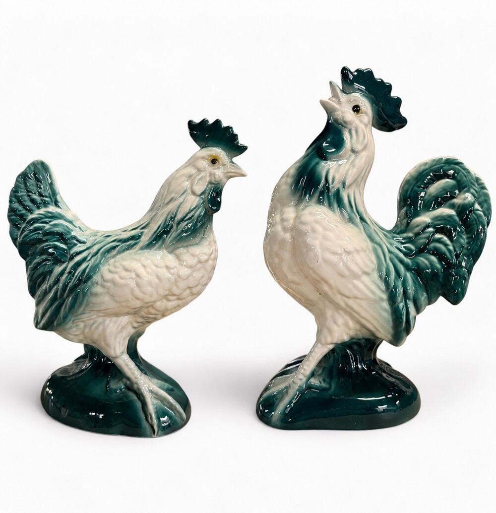 Vintage Ceramic Rooster & Hen Figures Pair Green & White Glazed 10” Farmhouse
